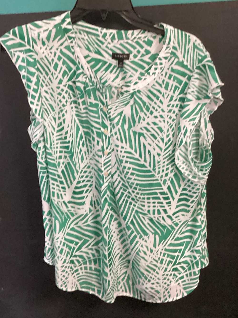 Talbots Green and White Leaf-Print Ruffle-Sleeve Camisole